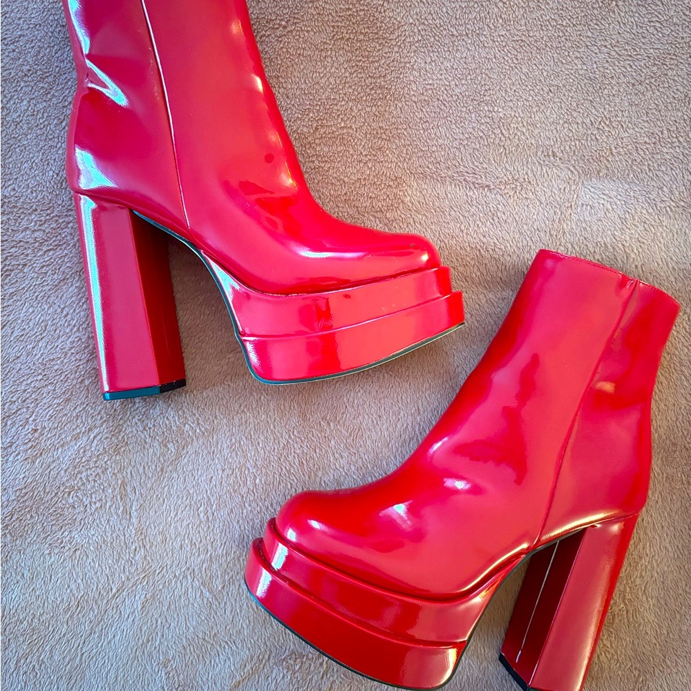 Red Platform boots | faux patent leather